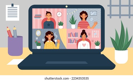 Home work, virtual video call. Remote office conference on laptop, online team group chat, business web communication. Freelance workers. Vector cartoon flat illustration, tidy concept