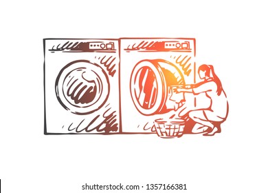 Home, work, washing, machine, woman concept. Hand drawn housewife washes clothes in washing machine concept sketch. Isolated vector illustration.