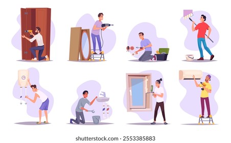 Home workers. Maintenance and renovation services builders fixing old room making repair work exact vector illustration set