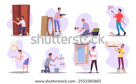 Home workers. Maintenance and renovation services builders fixing old room making repair work exact vector illustration set