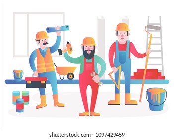 Home workers vector characters team. Friendly workers in workwear uniform standing together. Modern gradient flat vector illustration.