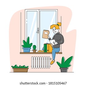 Trabajo en casa, concepto de actividad laboral. Personaje de mujer independiente sentado en Windowsill trabajando con papeles, doctores en casa. Ocupación de trabajadores independientes con externalización en aislamiento. Ilustración de vectores lineales
