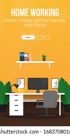 Home Working banner with workspace. Home office. Freelance concept template