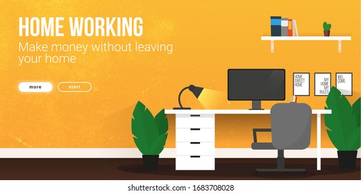 Home Working banner with workspace. Home office. Freelance concept template