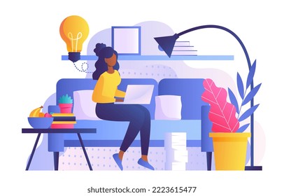 Home working concept. Young girl sitting with laptop on sofa with light bulb icon. Idea and insight, entrepreneur working on project. Freelancer or remote employee. Cartoon flat vector illustration