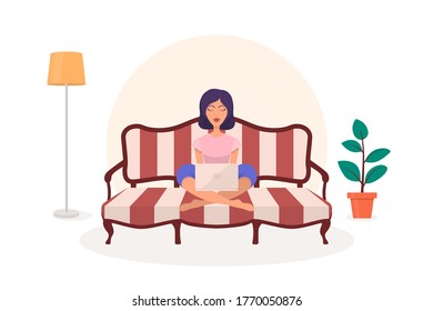 Home Working, Coworking Space Concept. Beautiful Young Woman, Girl, Freelancer, Character Working on Laptops and Computers at Home, in Quarantine. Vector Flat Style Cartoon Illustration