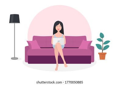 Home Working, Coworking Space Concept. Beautiful Young Woman, Girl, Freelancer, Character Working on Laptops and Computers at Home, in Quarantine. Vector Flat Style Cartoon Illustration