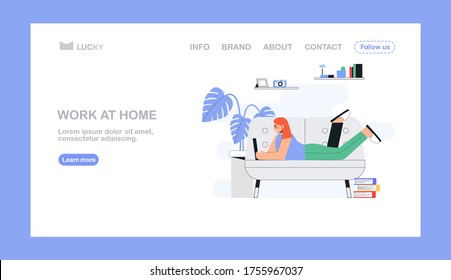 Home working office concept, woman work from home lying on the sofa, student, freelancer. Flat vector concept illustration for landing page,flyer.