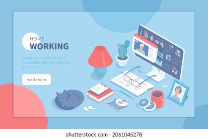 Home working. Remote workplace. Freelancing concept. Visual online communication via video conferencing. Table with a computer, documents, flowerpot, cat. Isometric vector illustration for website.
