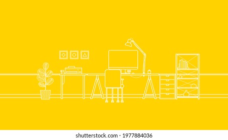 Home working space line art design on yellow background. Vector illustration of room interior concept.