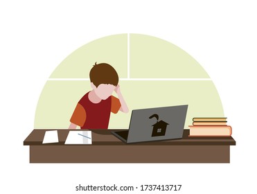 Home working. The tired child sits at the table and studies at home.  Distance communication with friends.  