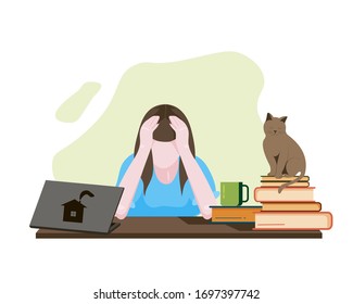 Home working. A tired woman sits at a table and works inside the house.  Distance education.  