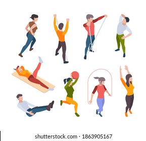 Home workout. Active people making sport exercises alone online broadcasting fitness and yoga activities vector isometric
