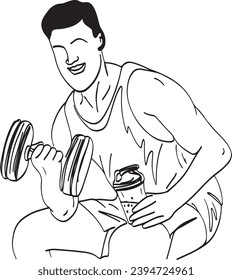 Home Workout Cartoon: Fit Man Lifting Weights Vector Sketch, Fitness Exercise at Home: Cartoon Man with Dumbbell Illustration, Vector Sketch of Fit Man Holding Weight