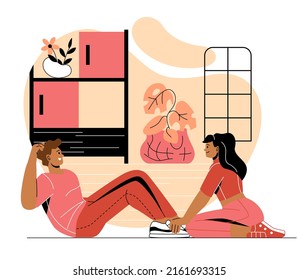 Home workout concept. Couple doing sport or physical exercises together. Healthy lifestyle, training and activity. Man and woman pump muscles of press. Cartoon flat vector illustration in doodle style