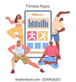 Concepto de entrenamiento en casa. Diversas personas que participan en ejercicios de acondicionamiento físico con un App móvil. Seguimiento de rutina de fitness y entrenamiento guiado. Ilustración vectorial.