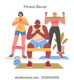 Home Workout Concept. Individuals engaging in fitness using resistance bands, promoting health and wellness indoors. Diverse body types exercising. Vector illustration.