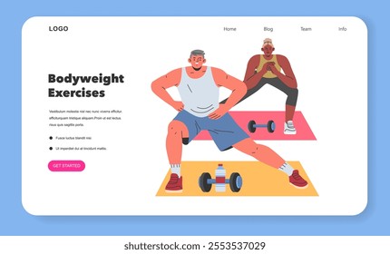 Home Workout concept. People engaging in bodyweight exercises for fitness maintenance. Active lifestyle promotion, at-home training guidance. Vector illustration.