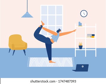 Home workout concept. Woman doing yoga exercises at home with laptop tutorials. Vector illustration.