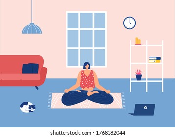 Home workout concept. Woman doing yoga exercises at home with laptop tutorials. Vector illustration.