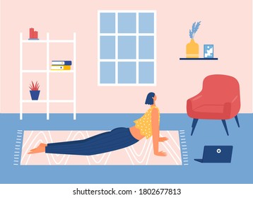 Home workout concept. Woman doing yoga exercises at home with laptop tutorials. Vector illustration.