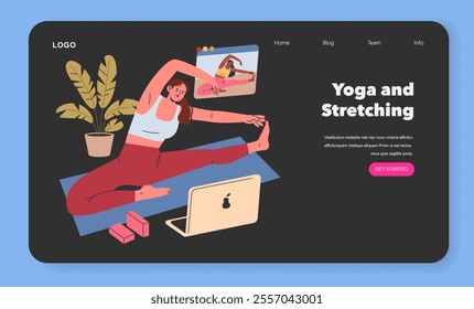 Home workout concept. A woman practices yoga and stretching at home following an online class. Exercise, wellness, and healthy lifestyle. Vector illustration.