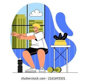 Home workout concept. Young man trains and does squats. Character doing sports or physical exercises in apartment. Healthy lifestyle and activity. Cartoon flat vector illustration in doodle style