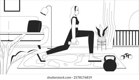 Home workout with dumbbells black and white line illustration. Blonde woman performing lunges with fitness gear in cozy living room 2D character monochrome. Livingroom exercise outline vector image