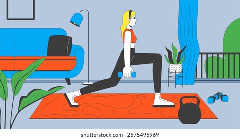 Home workout with dumbbells flat illustration. Blonde woman performing lunges with fitness gear in cozy living room 2D character cartoon background. Livingroom exercise scene vector storytelling image