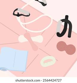 Home Workout Equipment on Pink Yoga Mat: An illustration of a pink yoga mat with home workout equipment, including dumbbells, a peanut ball, and a stretching band