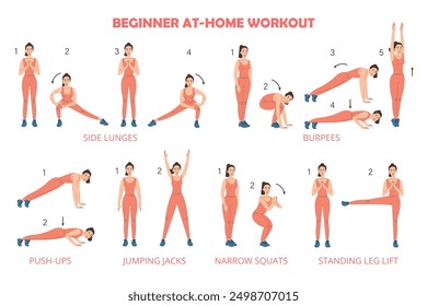 Home workout exercises set vector isolated. Woman in sport wear doing fitness workout for beginners. Squats, jumping jacks and burpees. Healthy, active lifestyle.