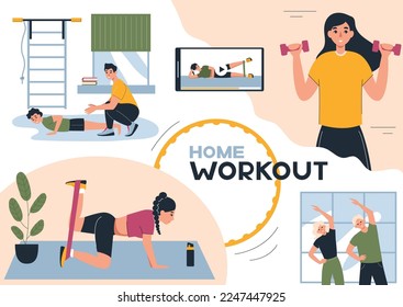 Home workout flat composition with collage of domestic sport exercises gymnastic apparatus human characters and text vector illustration