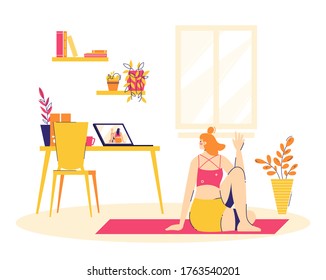 Home workout. Girl is practicing online yoga in the Half lord of the fishes pose. Modern flat style vector illustration isolated on white background