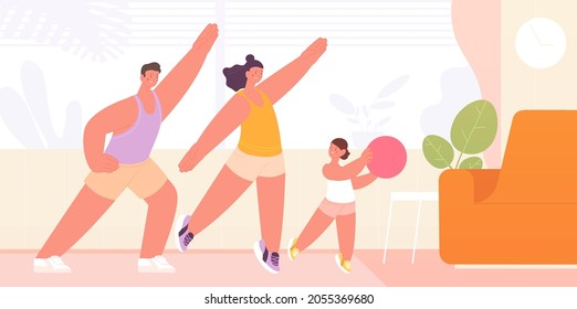 Home workout. Healthy exercising, family stretching. Parents and child fitness training, doing morning exercises. Sport activities utter vector scene