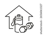 Home workout icon. Linear vector illustration. Fitness at home. Online fit exercise. Simple symbols. Gym programs with house. Water bottle and dumbbell.