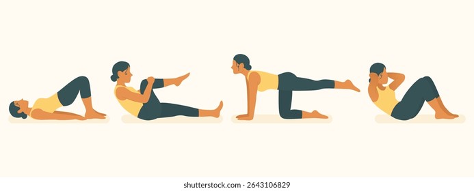 Home workout icon. Woman shown in bridge, single-leg stretch, bird-dog, and crunch exercises. Emphasis on abs, glutes, coordination, and muscle tone.