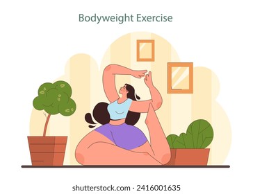Home Workout illustration. A woman performs bodyweight exercise, promoting fitness and flexibility in a cozy home setting with indoor plants. Flat vector illustration.