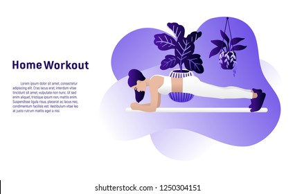 Home workout illustration. Women in sportswear doing home workout. Stay at home activicty. Vector.