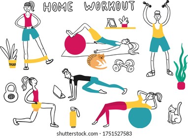 Home workout illustrations. Hand drawn beautiful vector people who train at home 