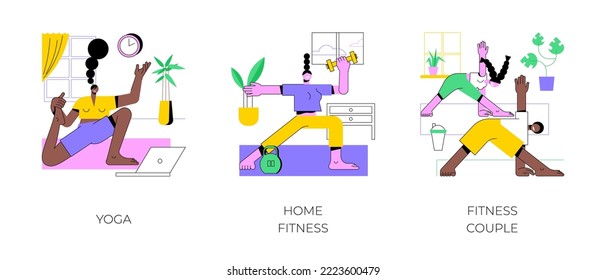 Home workout isolated cartoon vector illustrations set. Sporty woman practice yoga, online training plan, watch exercise using laptop, fitness couple doing home workout, lifestyle vector cartoon.