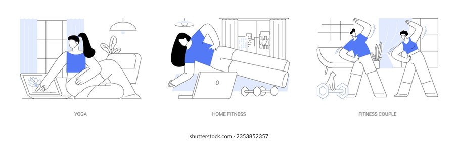 Home workout isolated cartoon vector illustrations set. Sporty woman practice yoga, online training plan, watch exercise using laptop, fitness couple doing home workout, lifestyle vector cartoon.