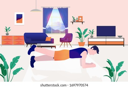 Home Workout - Man Doing Raised Leg Plank At Home In Living Room. Furniture And Tv In Background. Exercise For Free, Staying Home And Stay Healthy Concept. Vector Illustration.