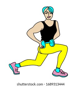 Home workout on coronavirus quarantine. Lady training with turquoise dumbbell, in yellow pants. Vector stock illustration in cartoon style. 