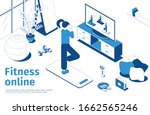 Home workout online fitness program advertisement isometric composition with young woman following video course exercise vector illustration 