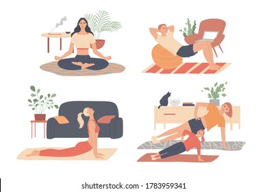 Home workout. People doing exercises. Man, woman, family doing sports at home