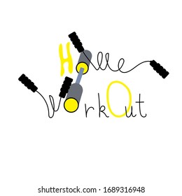 "Home workout", quote on coronavirus quarantine. Sport equipment, dumbbells and jump rope. Vector stock illustration in cartoon style. 
