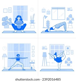 Home workout scenes in line art with girls doing indoor yoga or fitness exercises. Different young woman practicing yoga and stretching at living room.