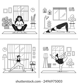 Home workout scenes in line art with girls doing indoor yoga or fitness exercises. Different young woman practicing yoga and stretching at living room.