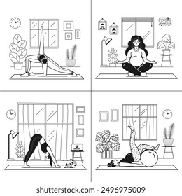 Home workout scenes in line art with girls doing indoor yoga or fitness exercises. Different young woman practicing yoga and stretching at living room.