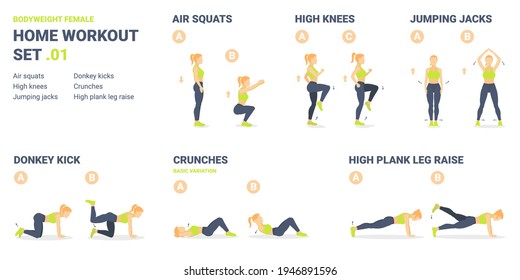 Home Workout Set. Bodyweight Exercise Guidances Set for Female Home Workout without Equipment. Contain High Knees, Air Squats, Jumping Jacks, Donkey Kicks, Crunches, High Plank Leg Raises Exercises.